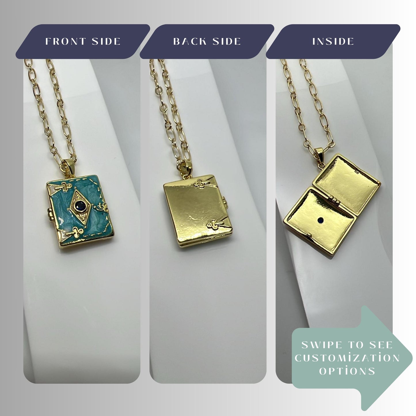Blue Enamel Book Locket Necklace – Personalized Keepsake Gift