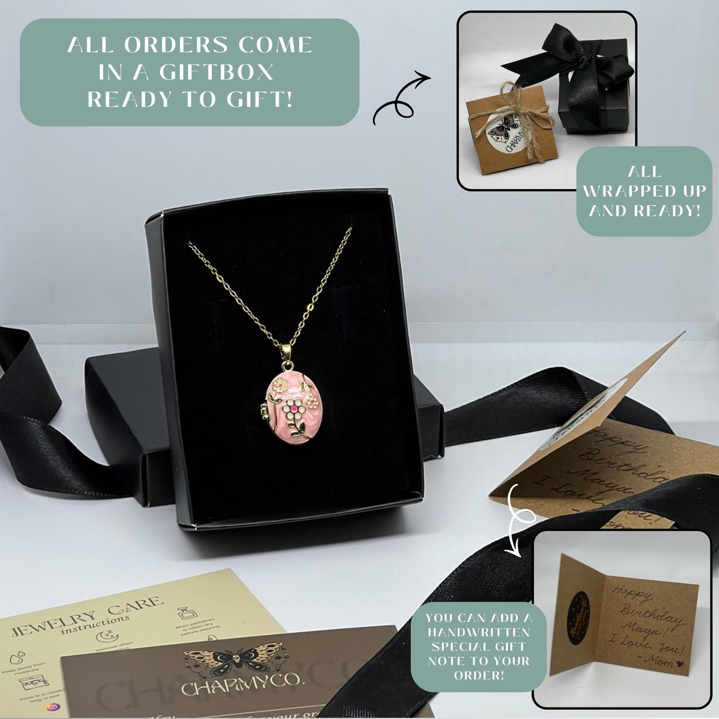 Pink Floral Oval Photo Locket Necklace – Personalized Keepsake Gift
