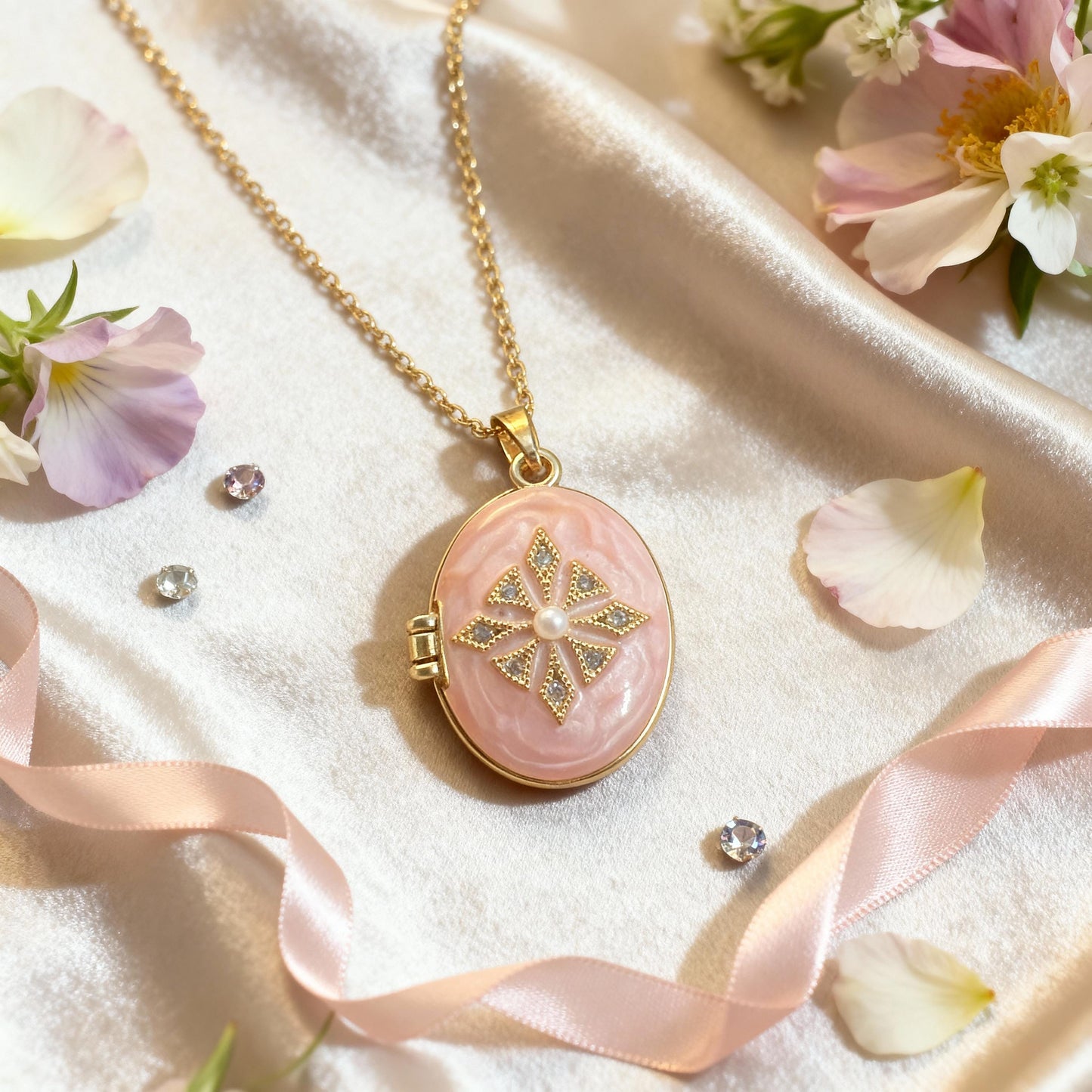 Pink Enamel Pearl Oval Photo Locket Necklace – Personalized Keepsake Gift