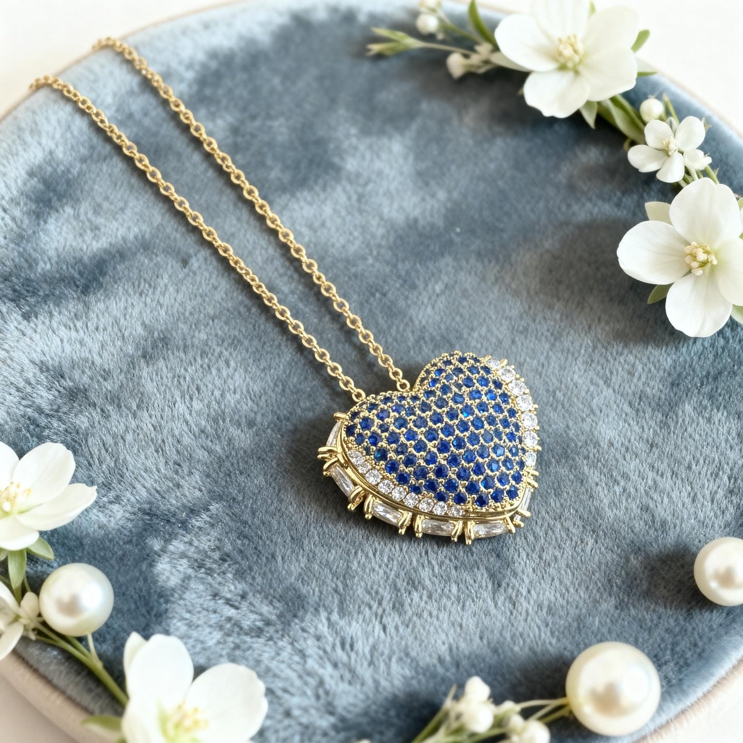 Blue Crystal Heart Photo Locket Necklace – Personalized Keepsake Gift