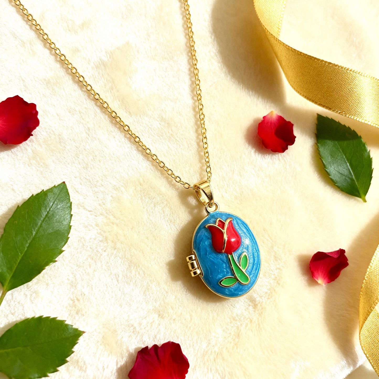 Blue Tulip Oval Photo Locket Necklace – Personalized Keepsake Gift