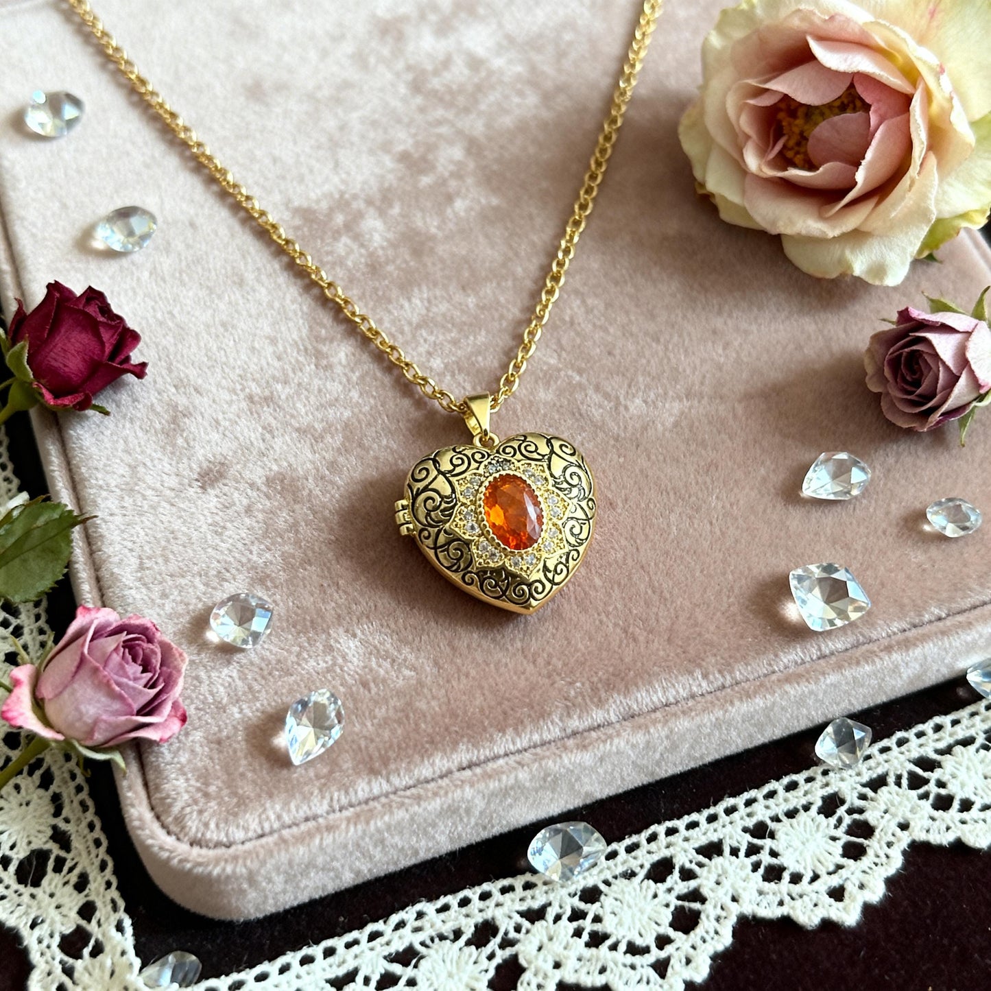 Orange Crystal Heart Photo Locket Necklace – Personalized Keepsake Gift