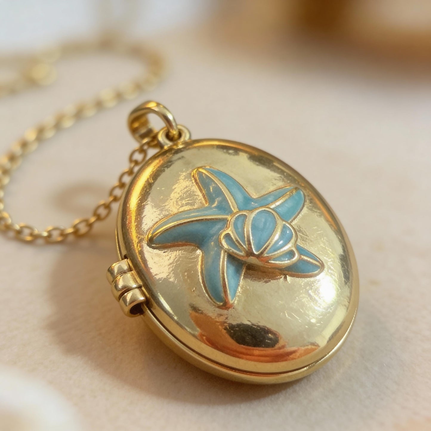 Blue Enamel Starfish Photo Locket Necklace – Personalized Keepsake Gift