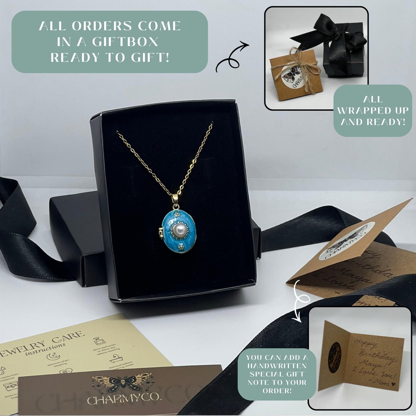 Blue Enamel Pearl Oval Photo Locket Necklace – Personalized Keepsake Gift