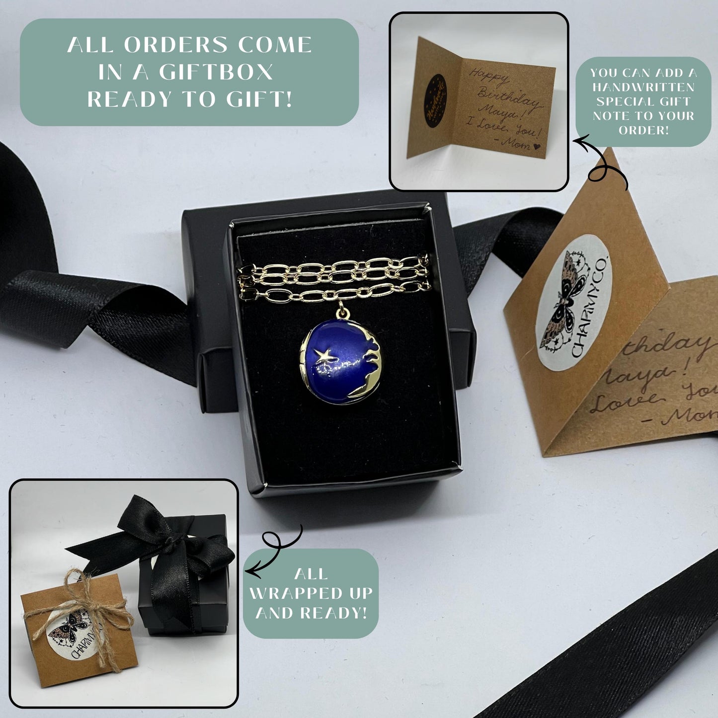 Blue Enamel Moon Star Photo Locket Necklace – Personalized Keepsake Gift