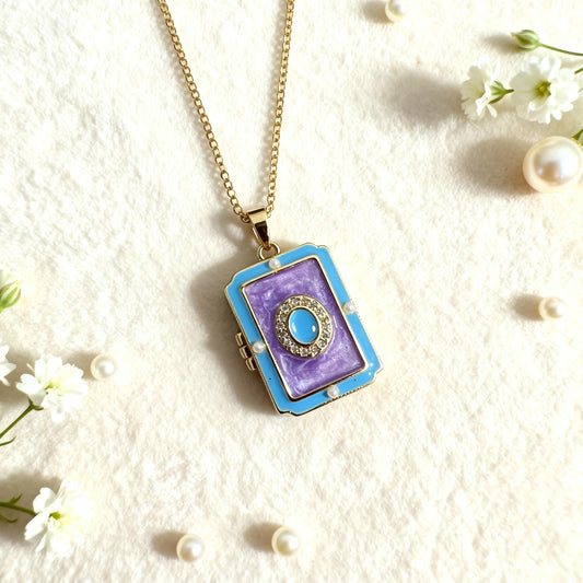 Purple Enamel Book Locket Necklace – Personalized Keepsake Gift
