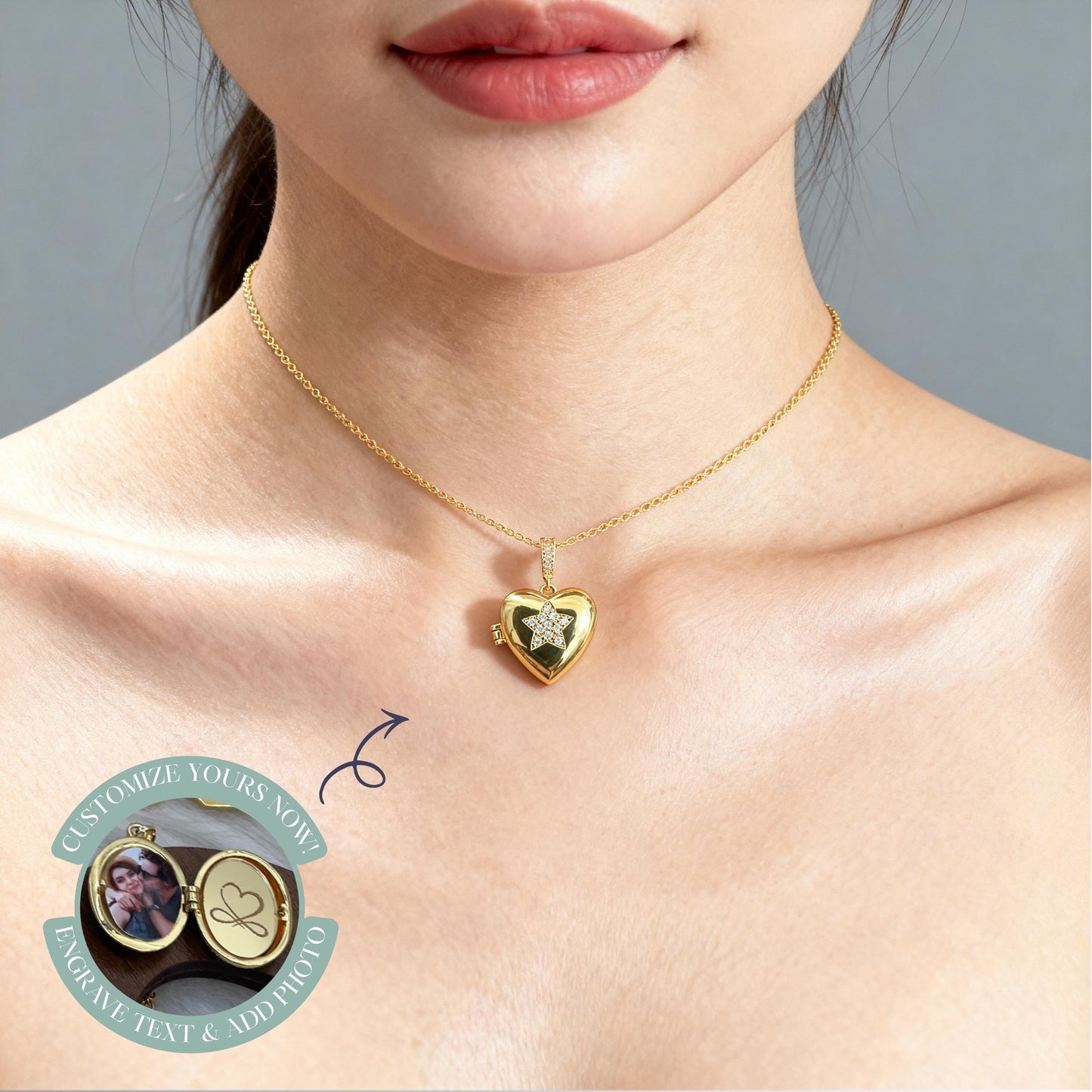 Crystal Star Heart Photo Locket Necklace – Personalized Keepsake Gift