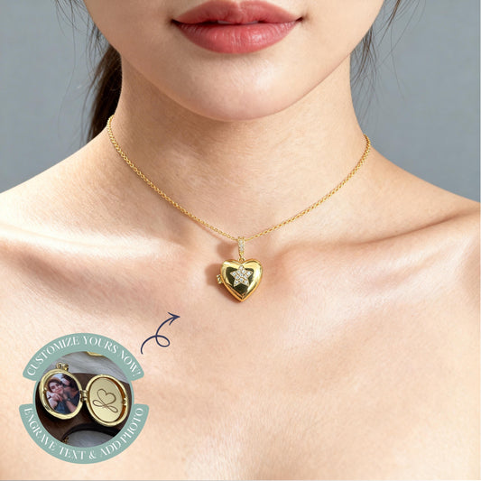 Crystal Star Heart Photo Locket Necklace – Personalized Keepsake Gift