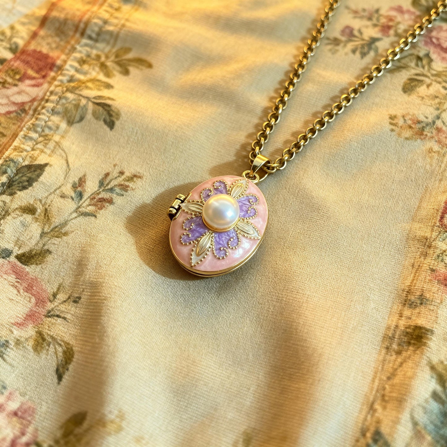 Pink Purple Enamel Pearl Oval Photo Locket Necklace – Personalized Keepsake Gift