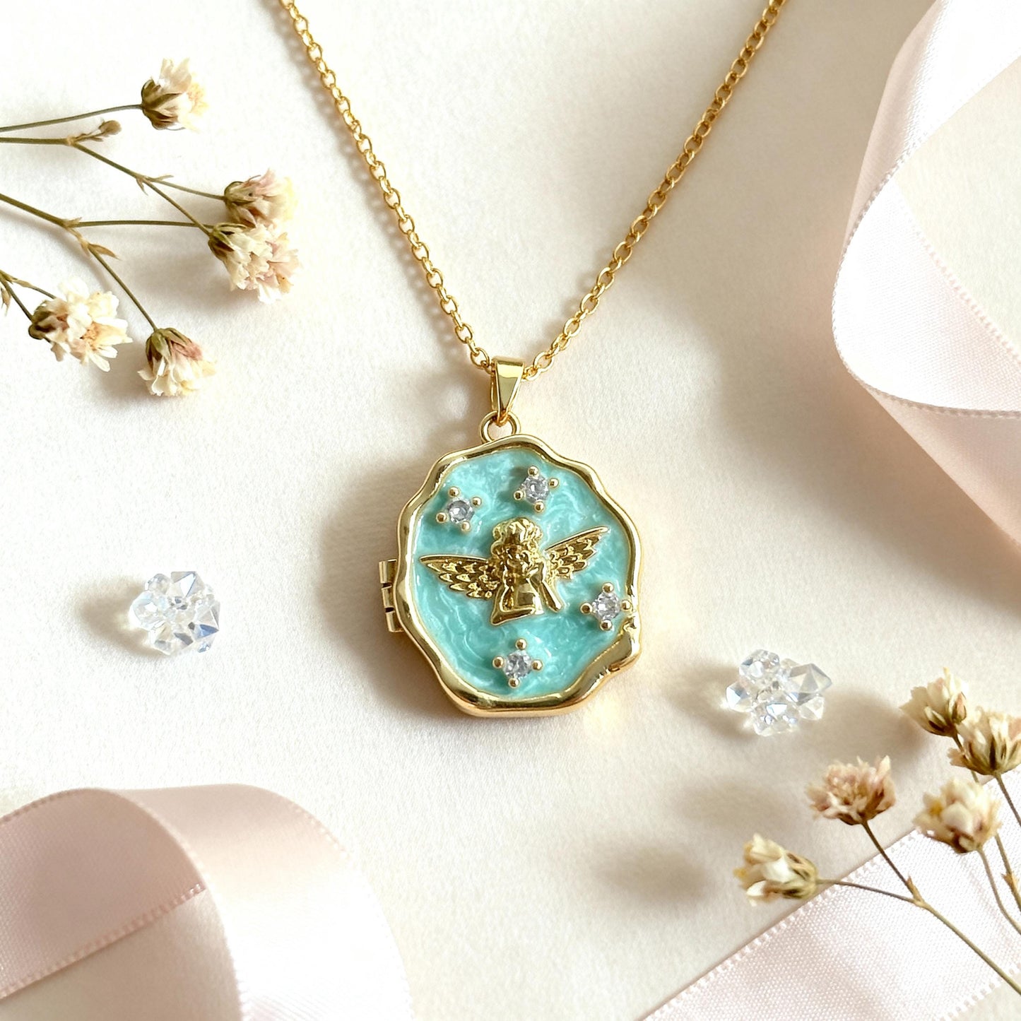 Turquoise Enamel Angel Photo Locket Necklace – Personalized Keepsake Gift