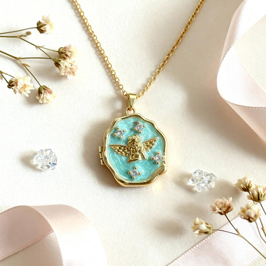 Turquoise Enamel Angel Photo Locket Necklace – Personalized Keepsake Gift