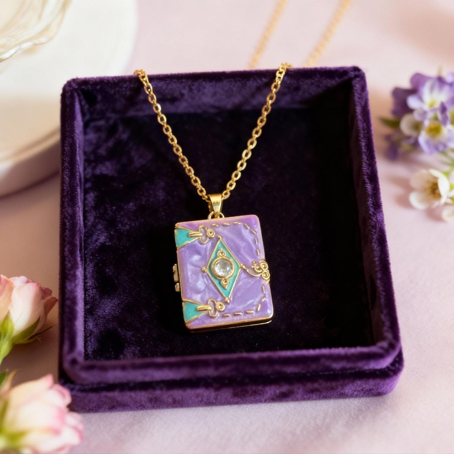 Purple Enamel Book Locket Necklace – Personalized Keepsake Gift