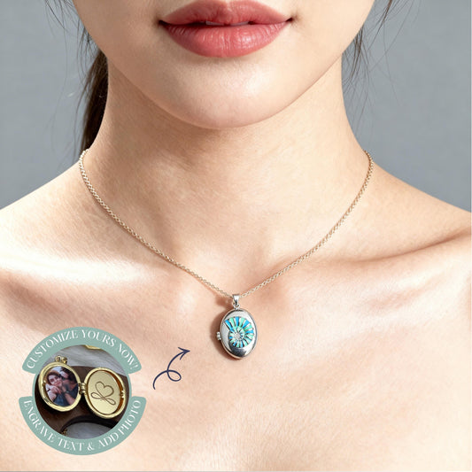 Silver Turquoise Floral Oval Photo Locket Necklace – Personalized Keepsake Gift