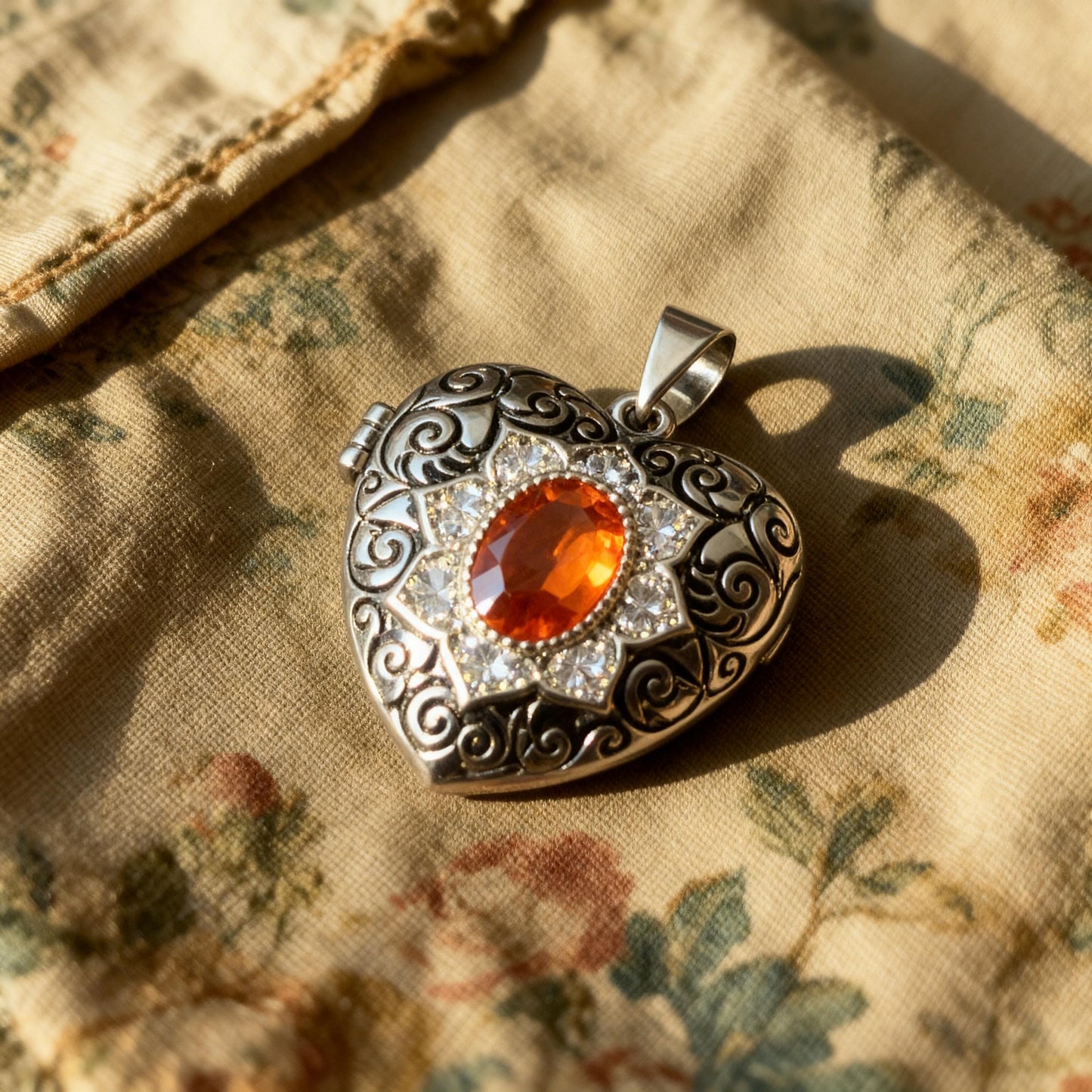 Victorian Style Heart Photo Locket Necklace with Crystal Gemstone, Vintage Keepsake Jewelry