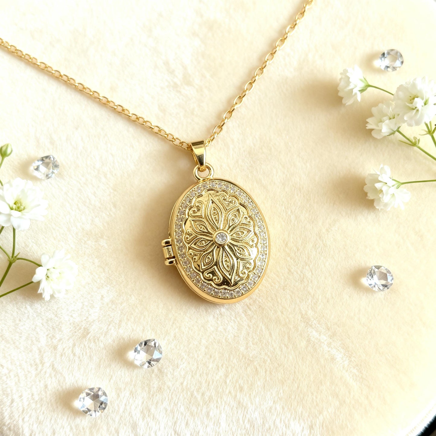 Floral Oval Photo Locket Necklace – Personalized Keepsake Gift