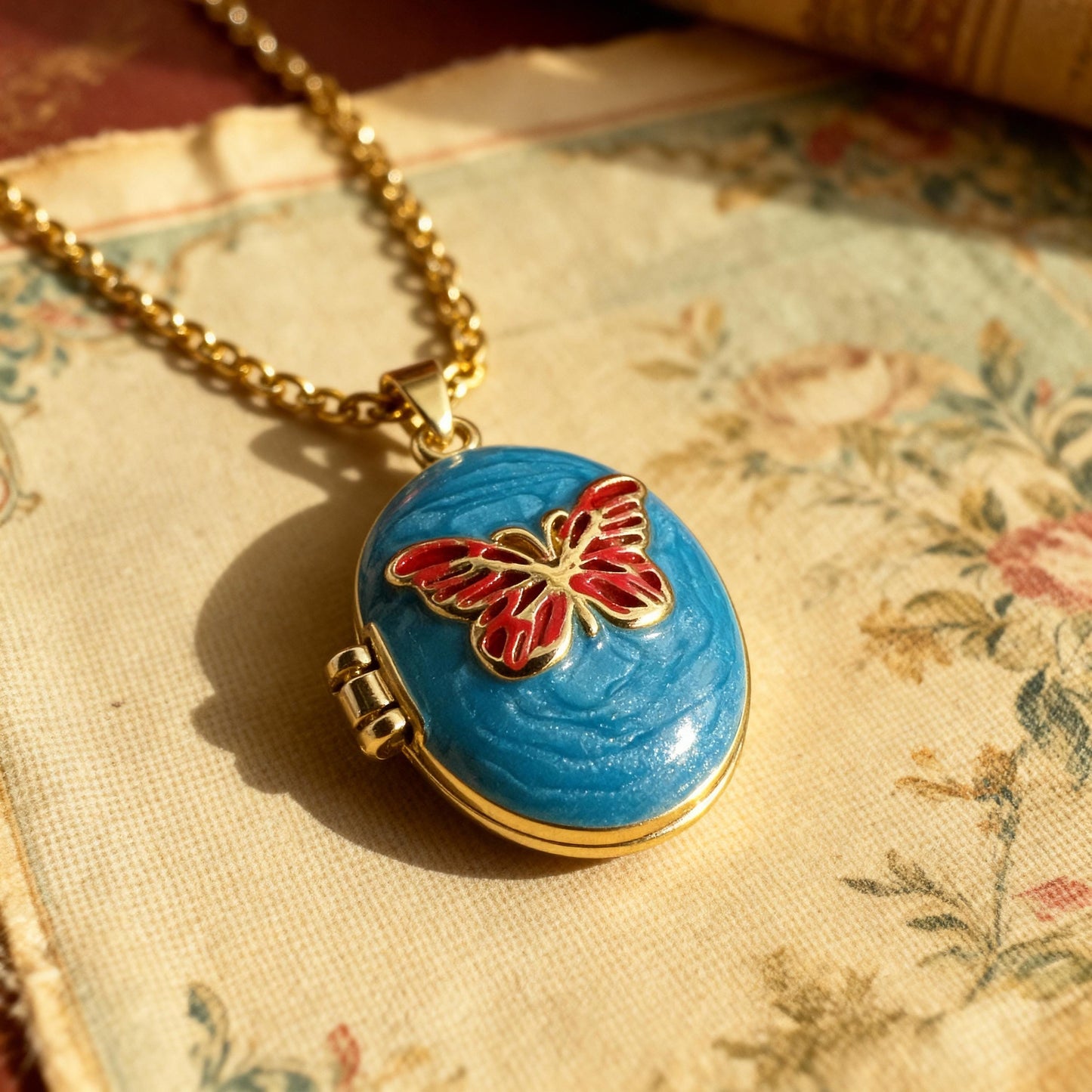 Blue Butterfly Oval Photo Locket Necklace – Personalized Keepsake Gift