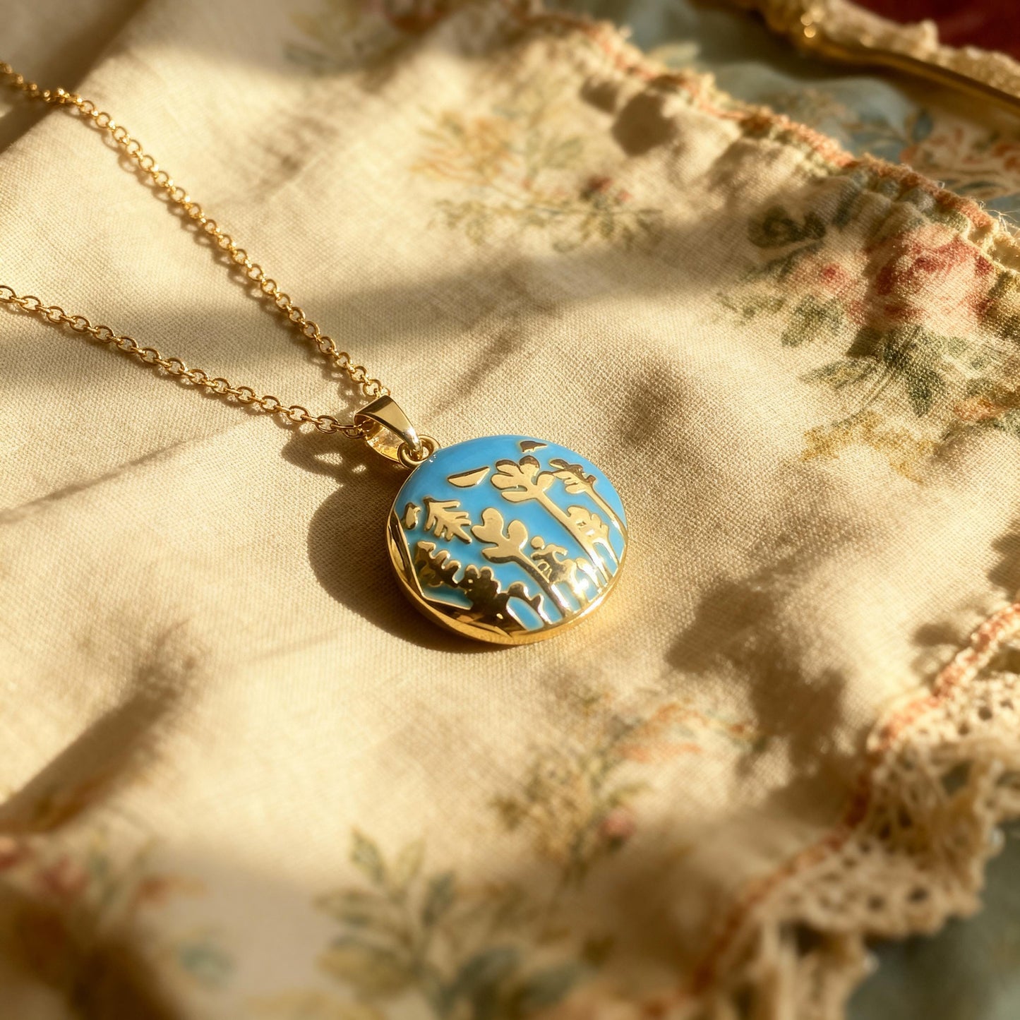 Blue Floral Round Photo Locket Necklace – Personalized Keepsake Gift