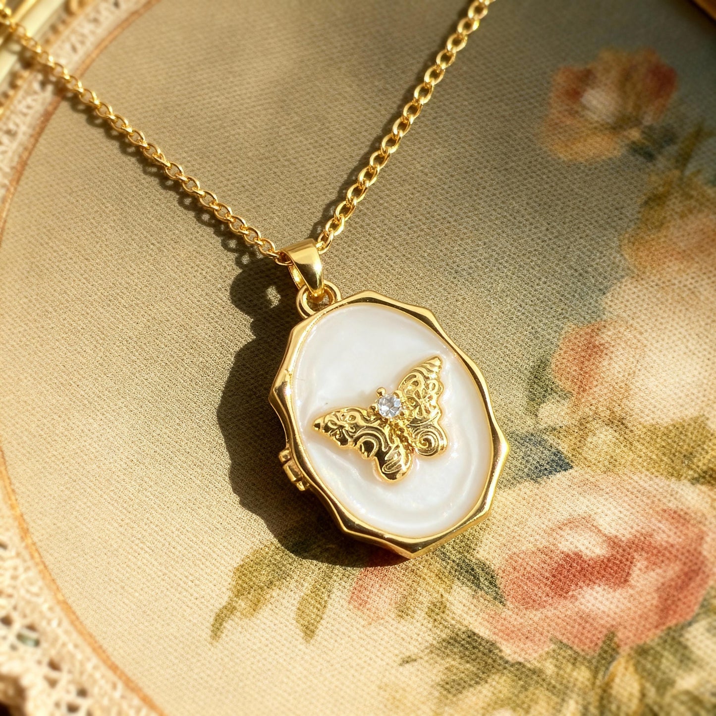 White Enamel Butterfly Oval Photo Locket Necklace – Personalized Keepsake Gift