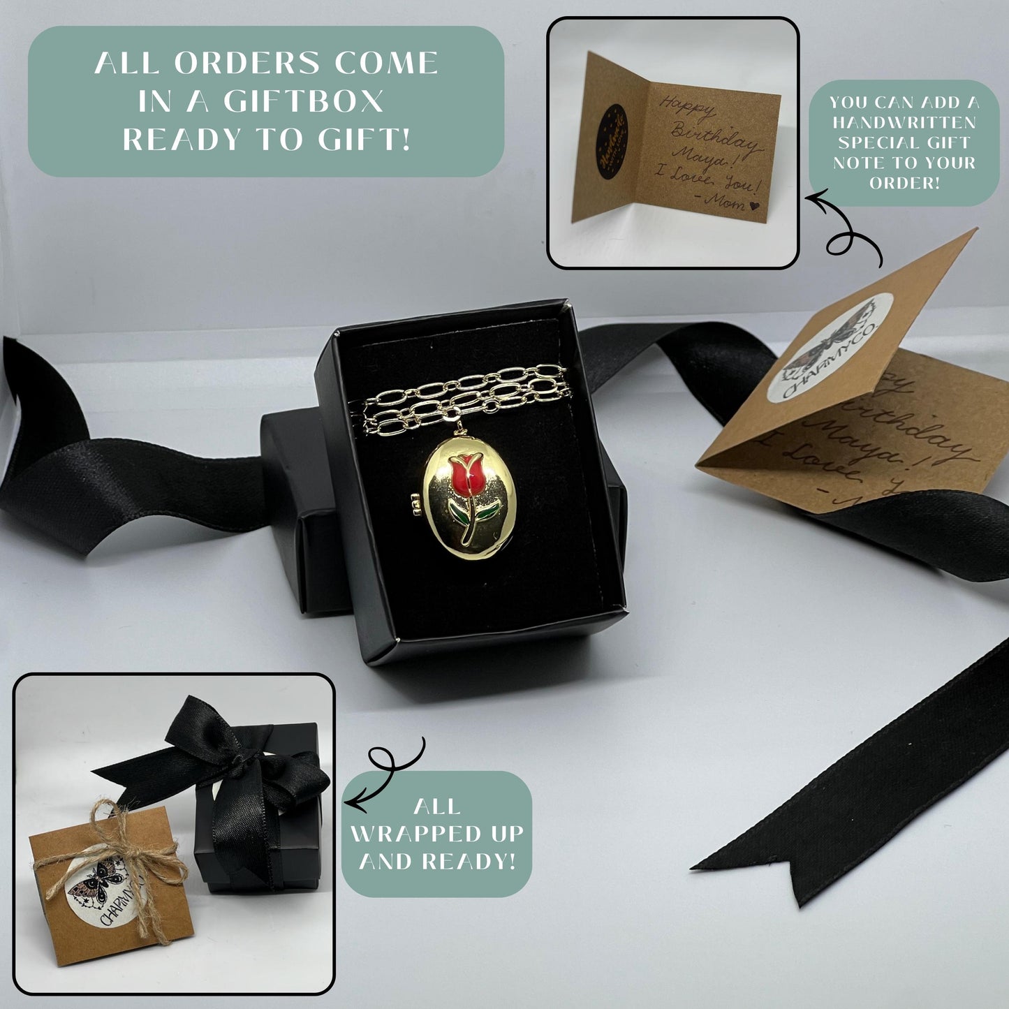 Red Tulip Oval Photo Locket Necklace – Personalized Keepsake Gift