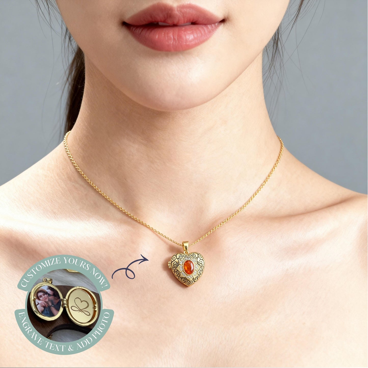 Orange Crystal Heart Photo Locket Necklace – Personalized Keepsake Gift