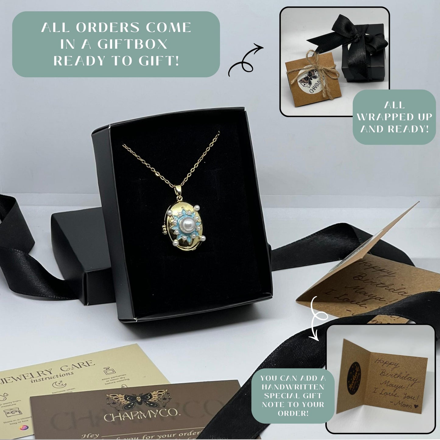 Blue Enamel Pearl Star Oval Photo Locket Necklace – Personalized Keepsake Gift