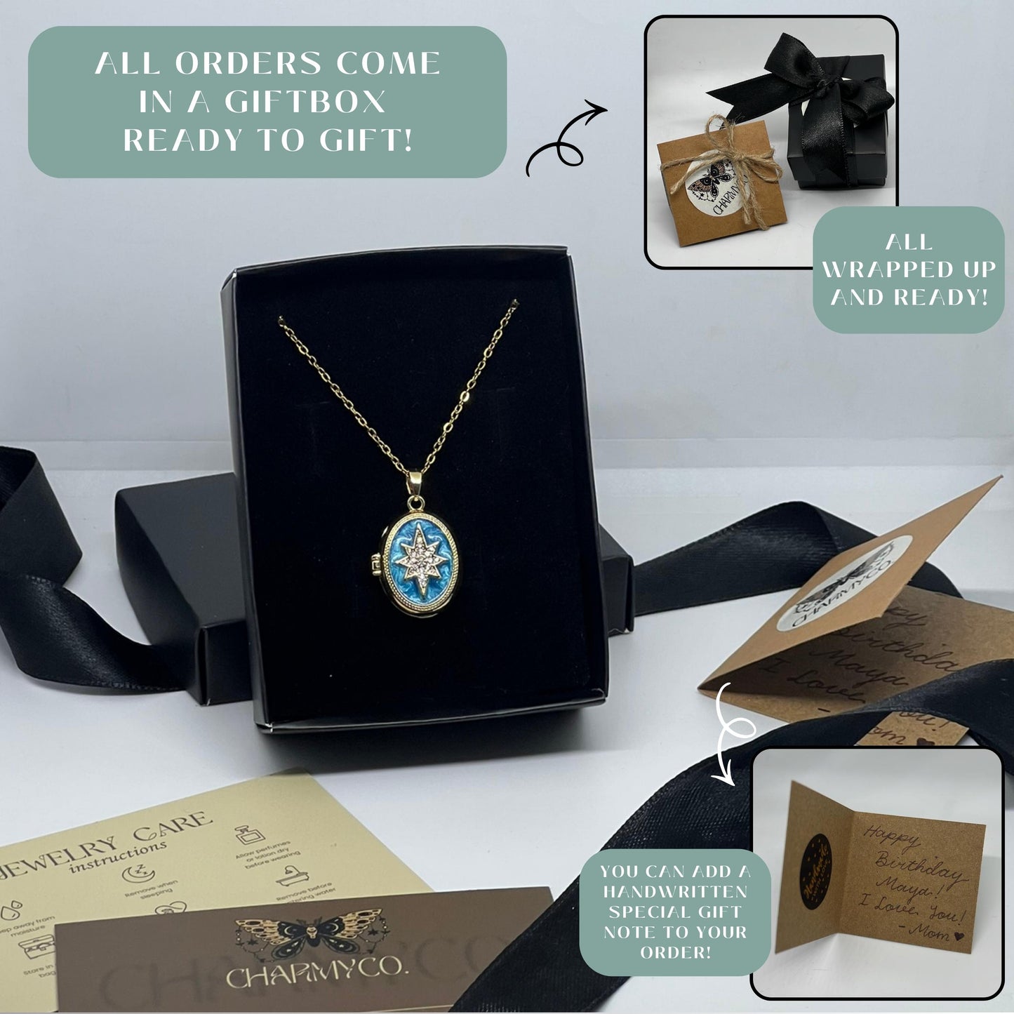 Blue Star Oval Photo Locket Necklace – Personalized Keepsake Gift