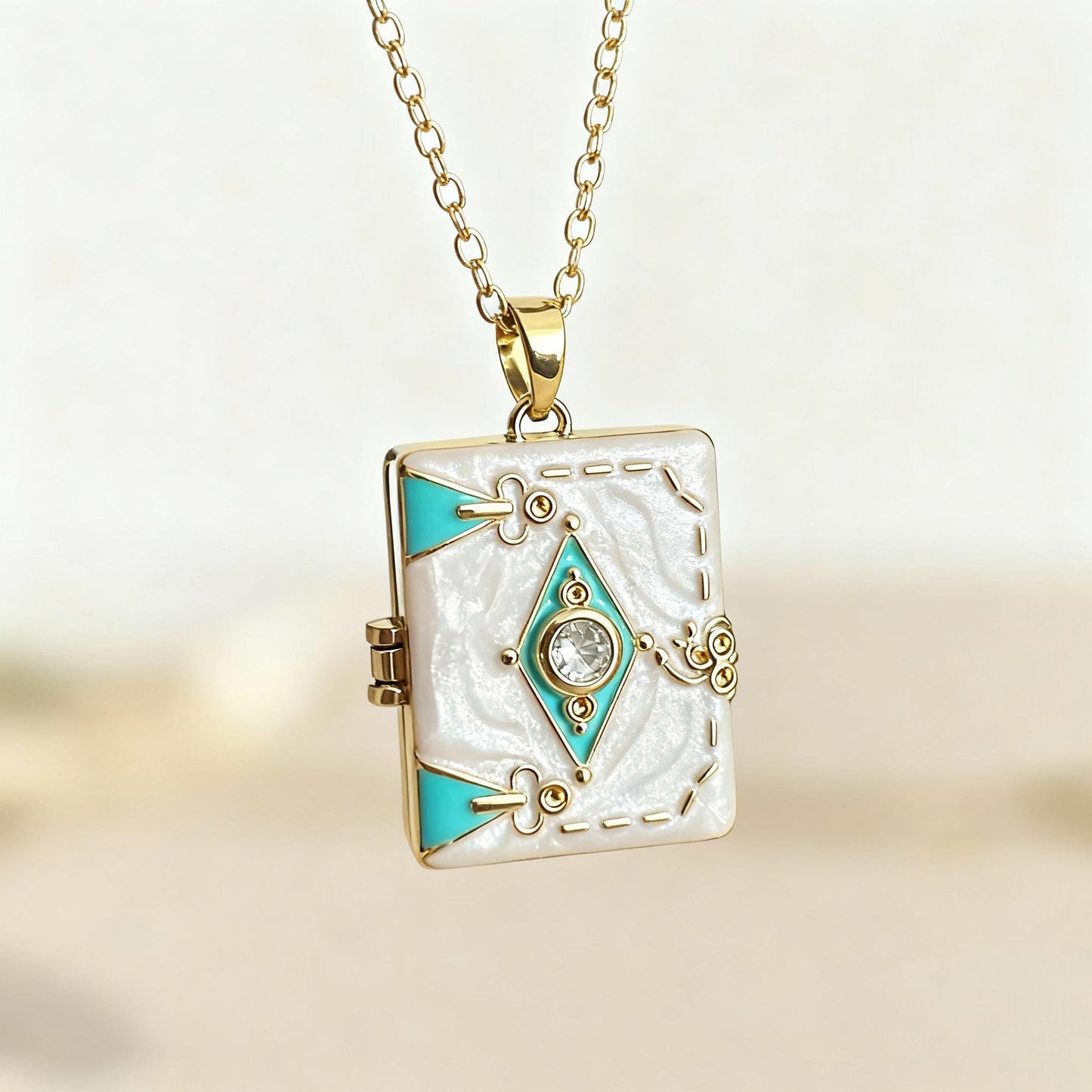 White Enamel Book Locket Necklace – Personalized Keepsake Gift