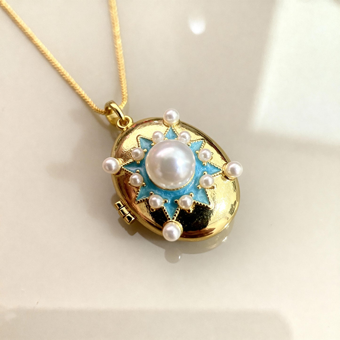 Blue Enamel Pearl Star Oval Photo Locket Necklace – Personalized Keepsake Gift