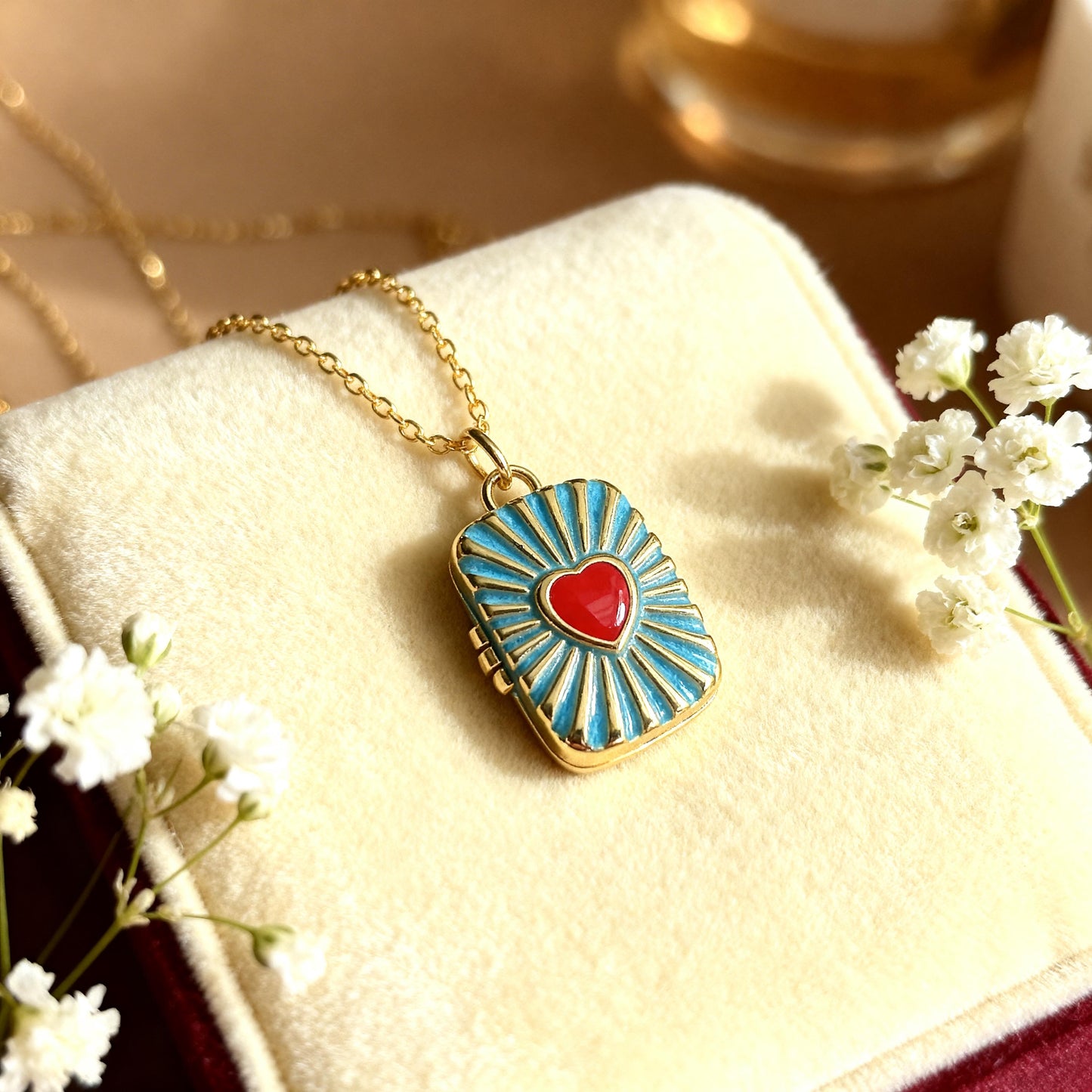 Blue Heart Rectangle Photo Locket Necklace – Personalized Keepsake Gift