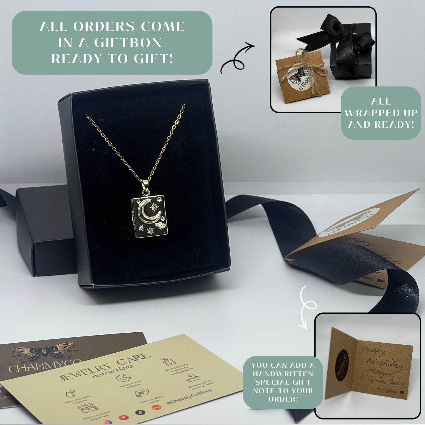 Celestial Moon & Stars Rectangle Photo Locket Necklace – Personalized Keepsake Gift