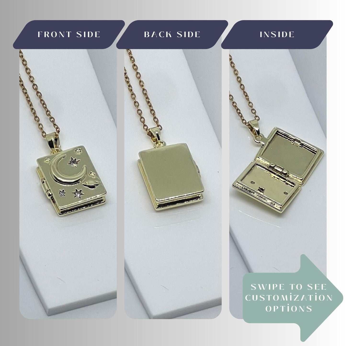 Celestial Moon & Stars Rectangle Photo Locket Necklace – Personalized Keepsake Gift