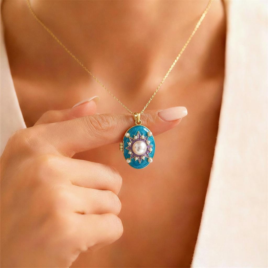 Blue Pearl Starburst Oval Photo Locket Necklace – Personalized Keepsake Gift