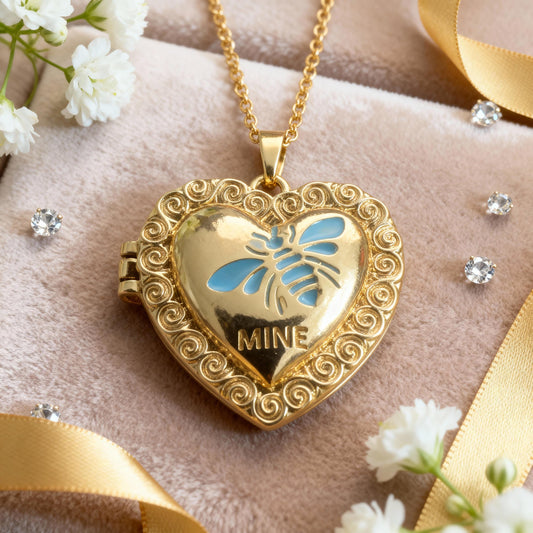 Blue Enamel Bee Heart Photo Locket Necklace – Personalized Keepsake Gift