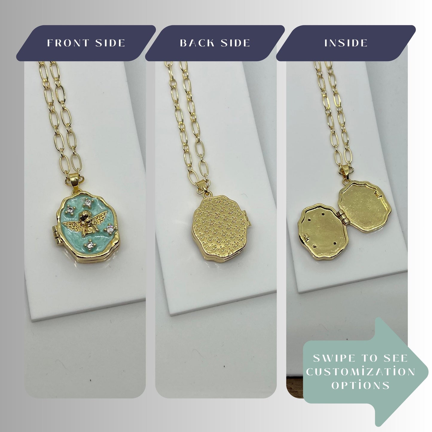 Turquoise Enamel Angel Photo Locket Necklace – Personalized Keepsake Gift