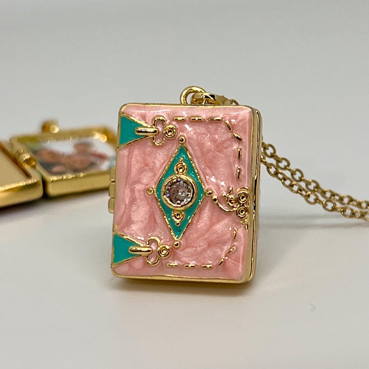 Pink Enamel Book Locket Necklace – Personalized Keepsake Gift
