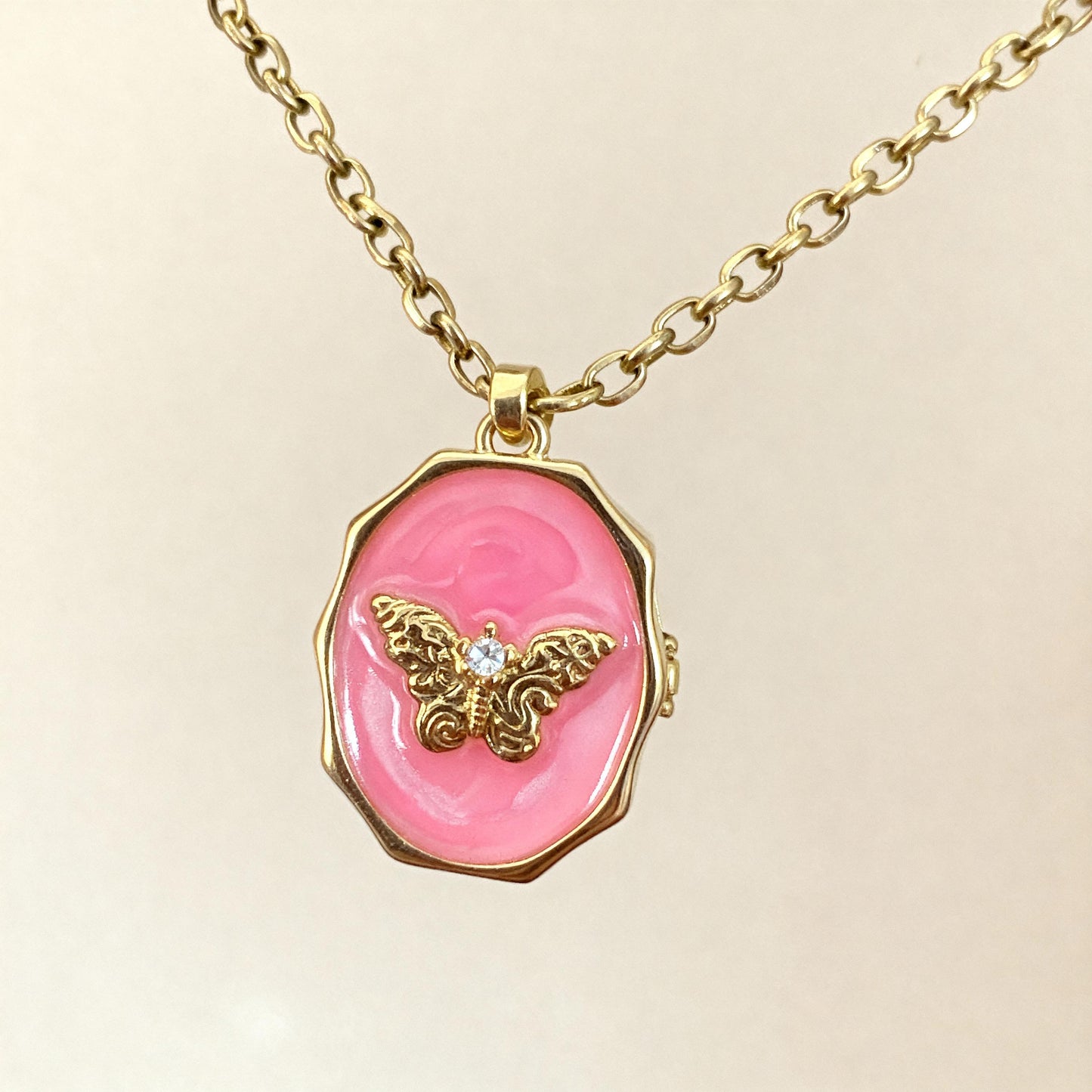 Pink Enamel Butterfly Photo Locket Necklace – Personalized Keepsake Gift