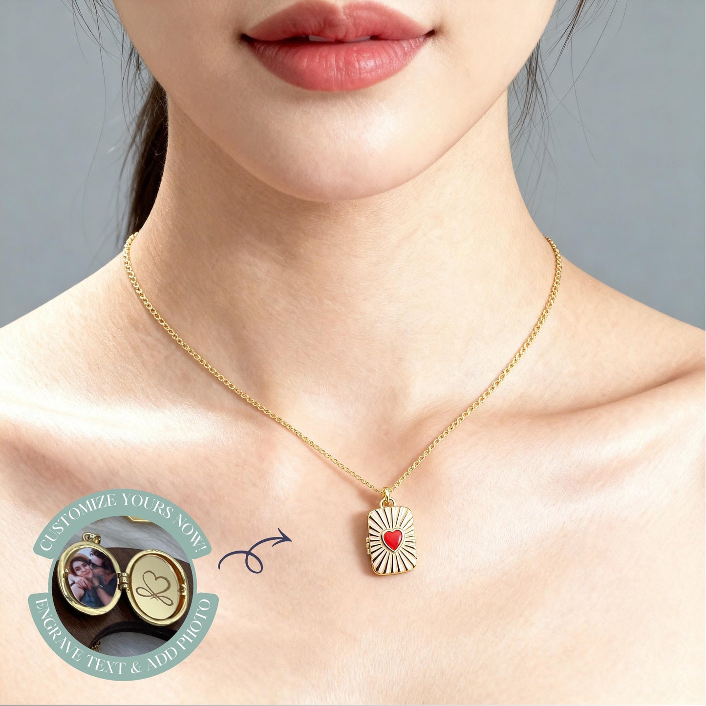 Red Heart Rectangle Photo Locket Necklace – Personalized Keepsake Gift