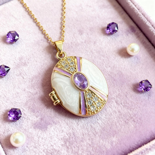 Purple Stone Oval Photo Locket Necklace – Personalized Keepsake Gift