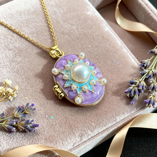 Purple Pearl Star Oval Photo Locket Necklace – Personalized Keepsake Gift