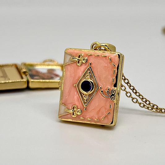 Pink Enamel Book Locket Necklace – Personalized Keepsake Gift
