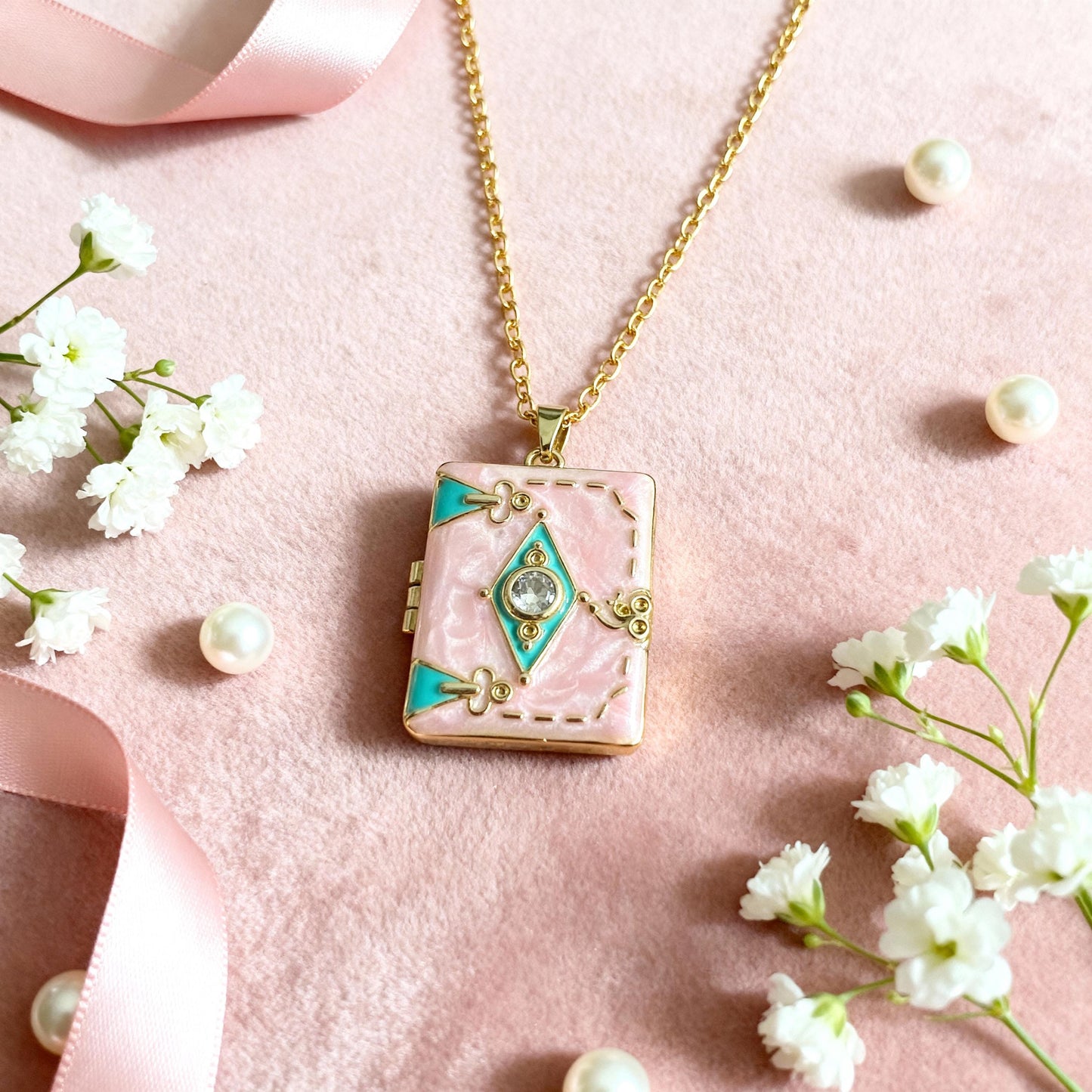 Pink Enamel Book Locket Necklace – Personalized Keepsake Gift