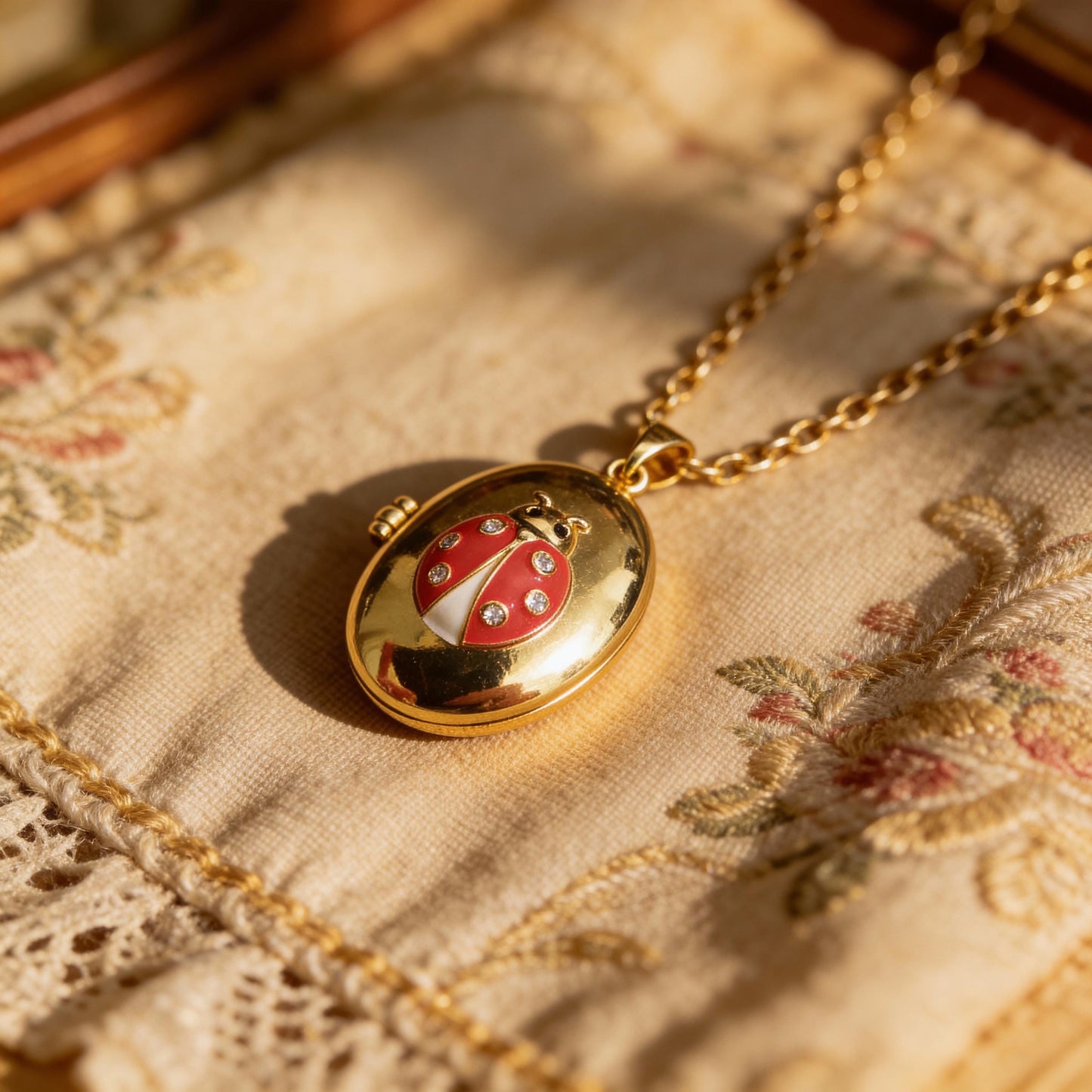 Red Enamel Ladybug Oval Photo Locket Necklace – Personalized Keepsake Gift