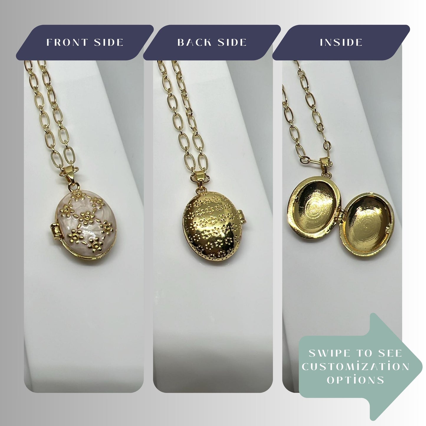 White Floral Oval Photo Locket Necklace – Personalized Keepsake Gift