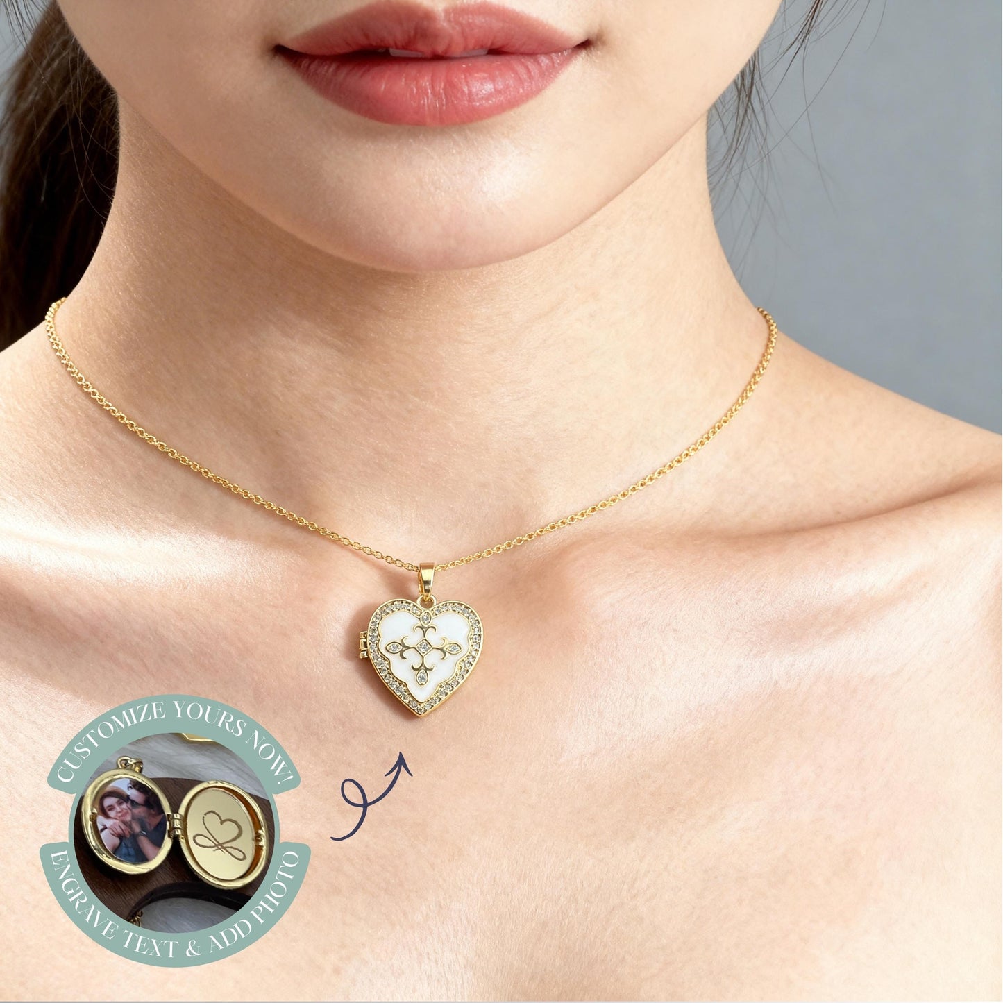 White Enamel Heart Photo Locket Necklace – Personalized Keepsake Gift
