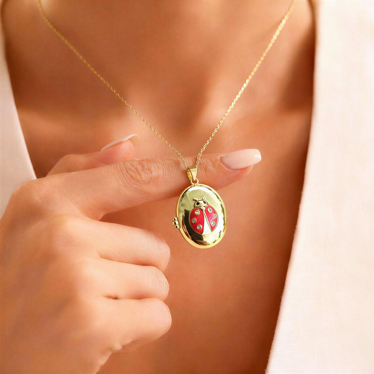 Red Enamel Ladybug Oval Photo Locket Necklace – Personalized Keepsake Gift