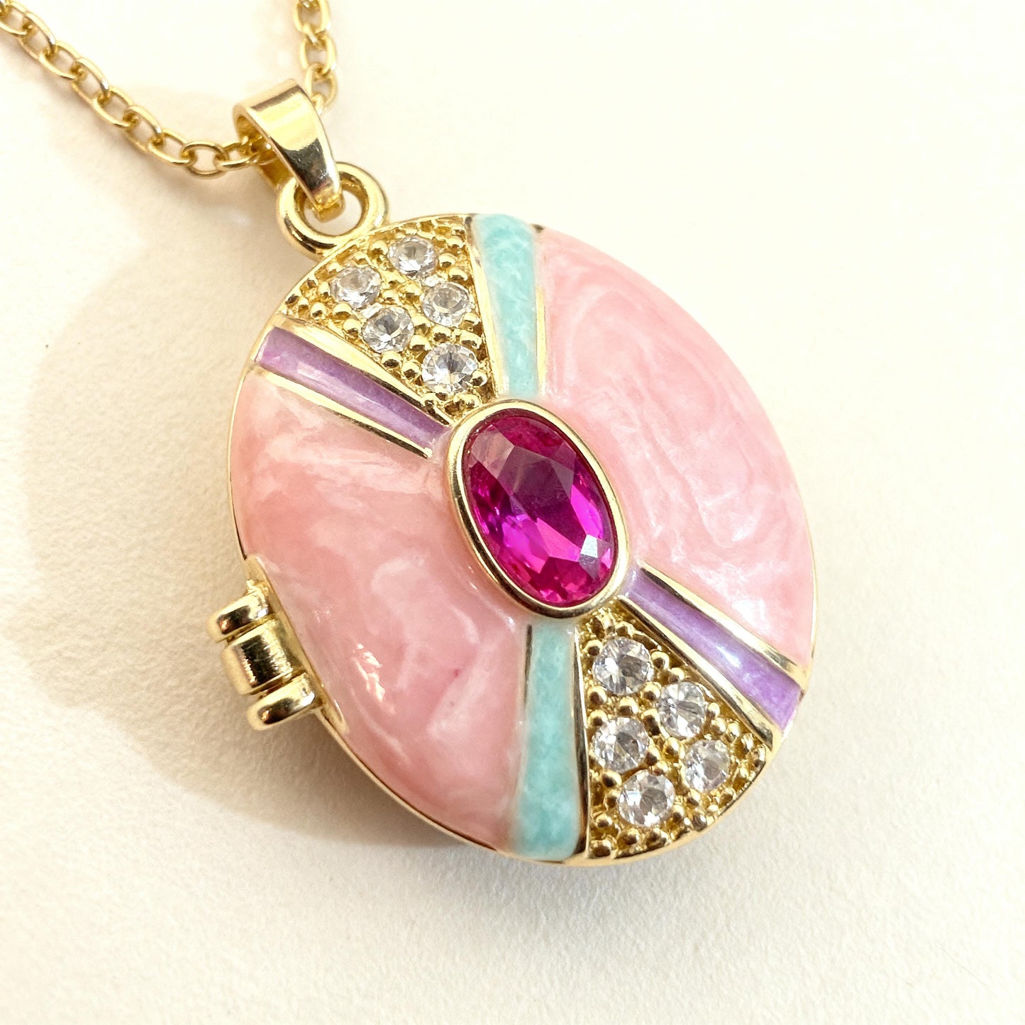 Pastel Art Deco Oval Photo Locket Necklace – Personalized Keepsake Gift