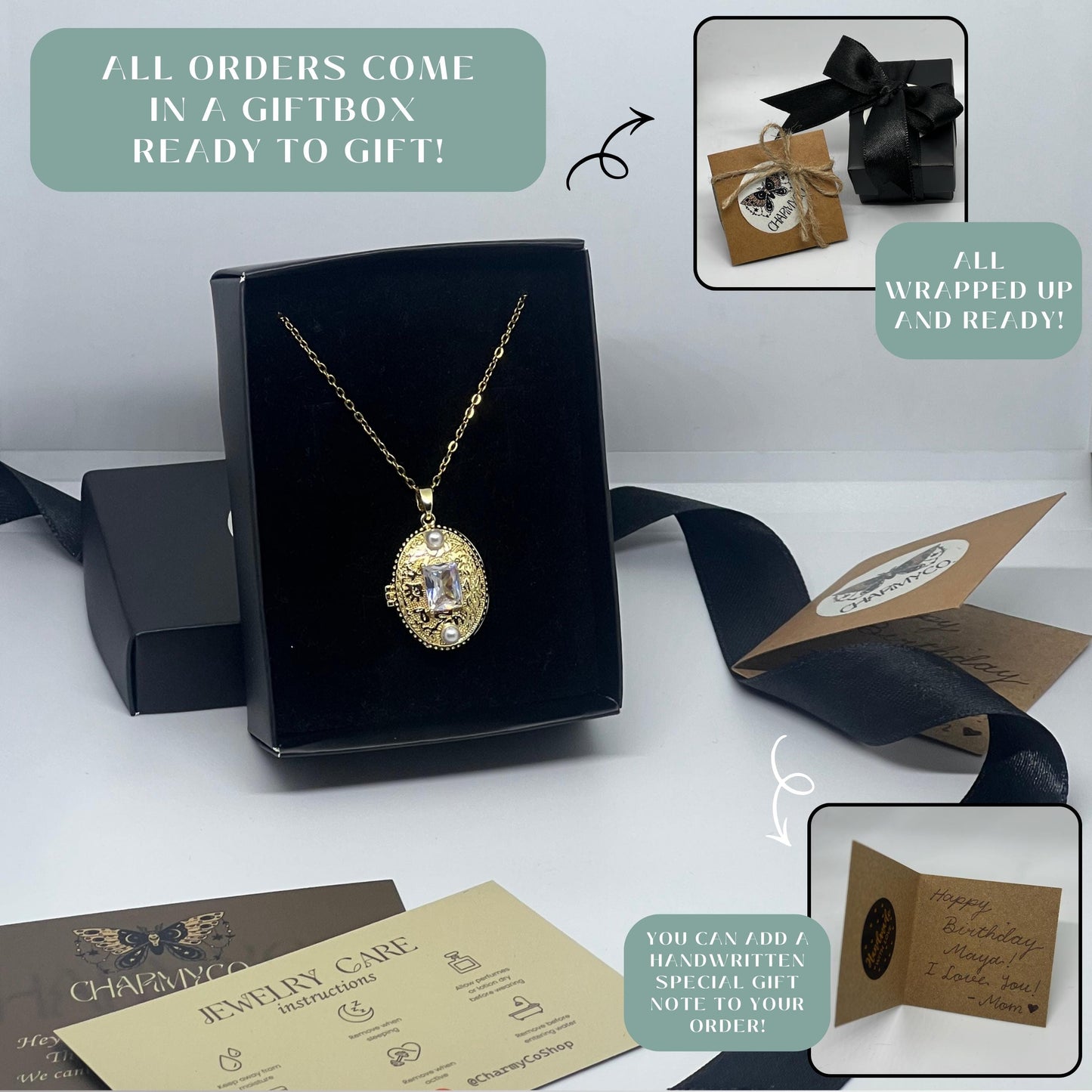 Crystal Pearl Oval Photo Locket Necklace – Personalized Keepsake Gift