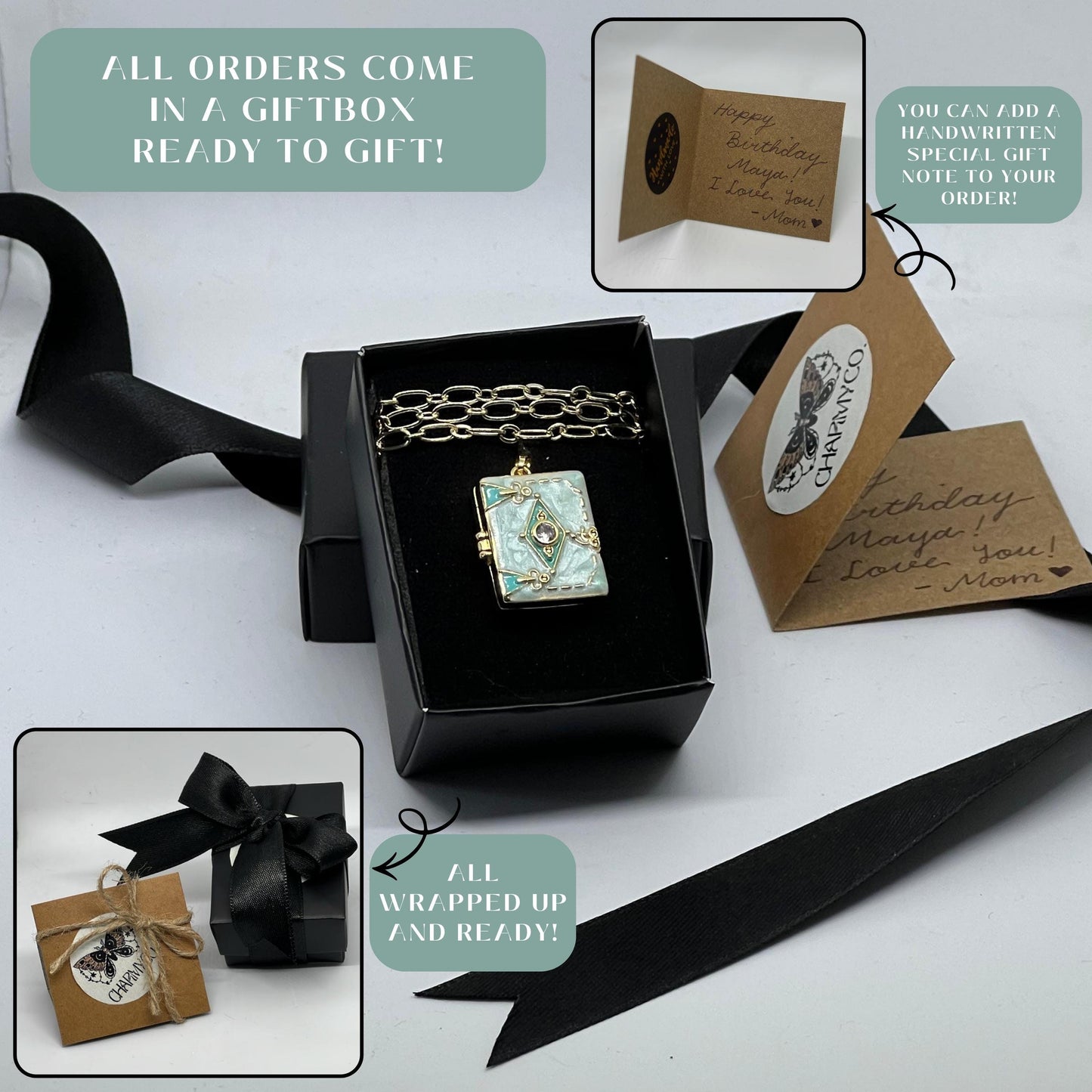 Mint Enamel Book Locket Necklace – Personalized Keepsake Gift