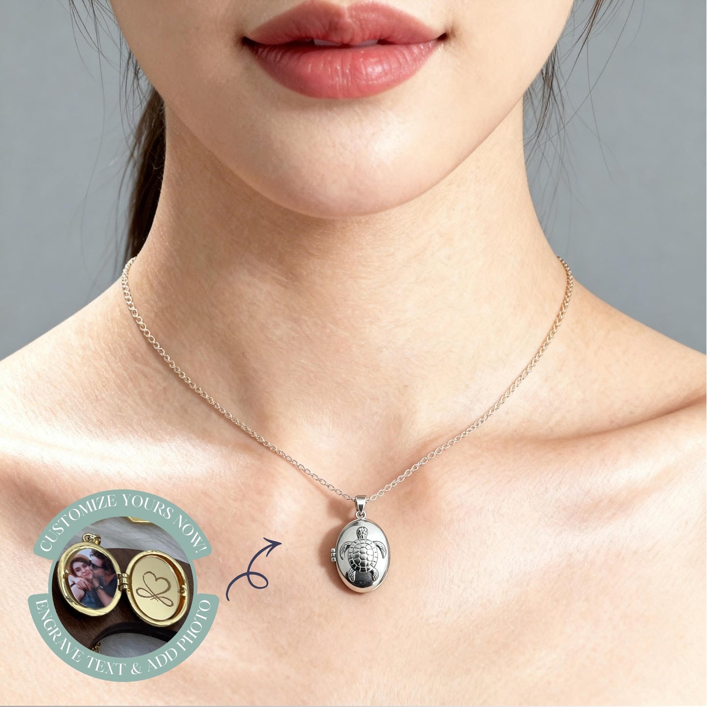 Sea Turtle Oval Photo Locket Necklace – Personalized Keepsake Gift