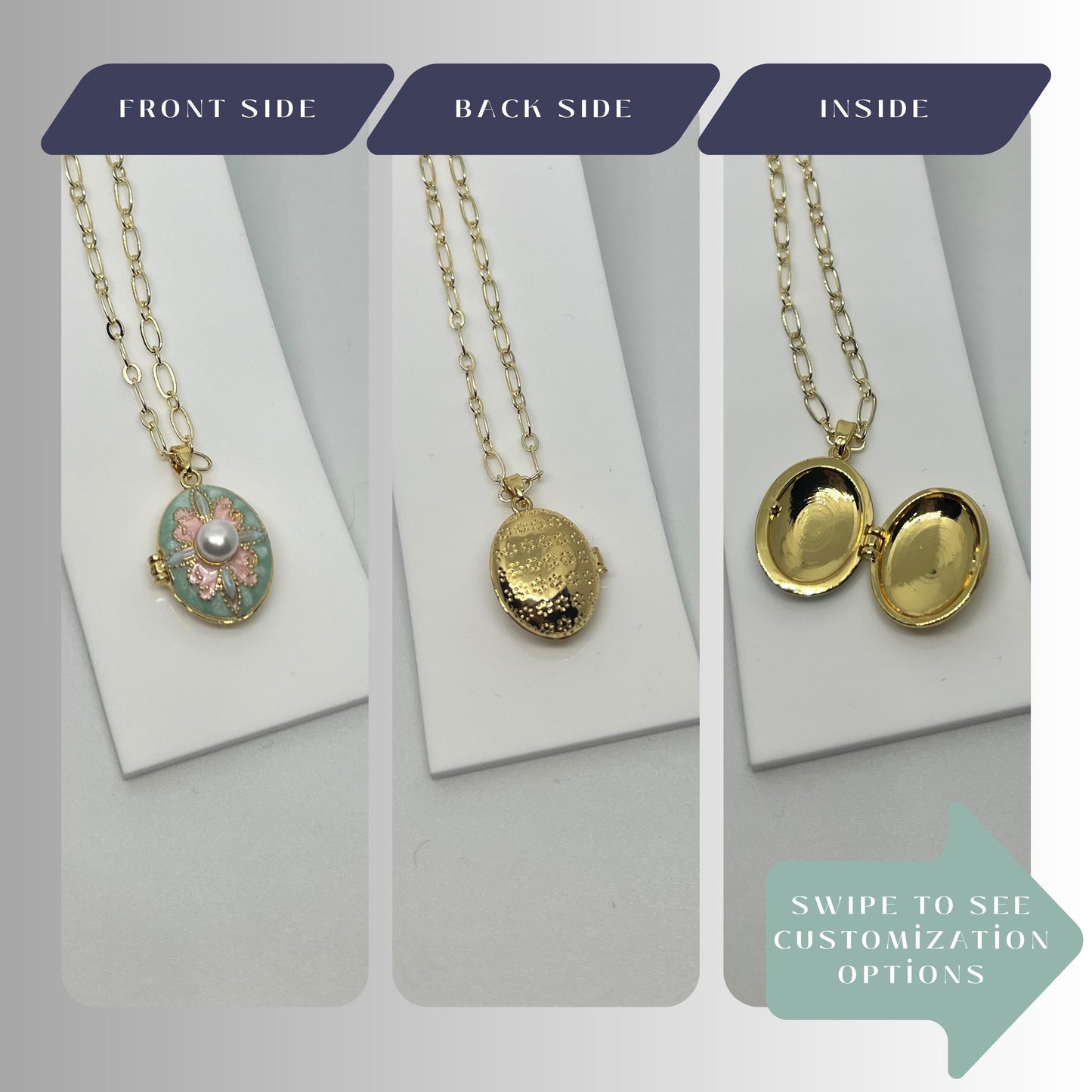 Pastel Floral Pearl Oval Photo Locket Necklace – Personalized Keepsake Gift
